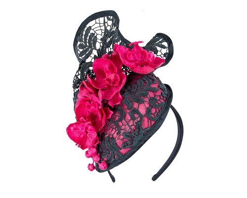 Fascinators Online - Fuchsia & navy lace pillbox fascinator by Fillies Collection
