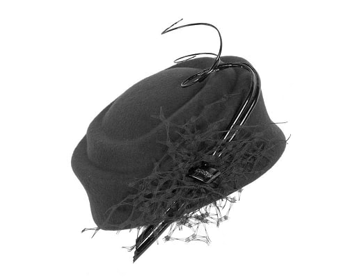 Fascinators Online - Black felt beret hat with feather by Fillies Collection