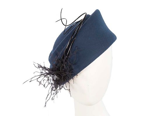 Fascinators Online - Navy felt beret hat with feather by Fillies Collection