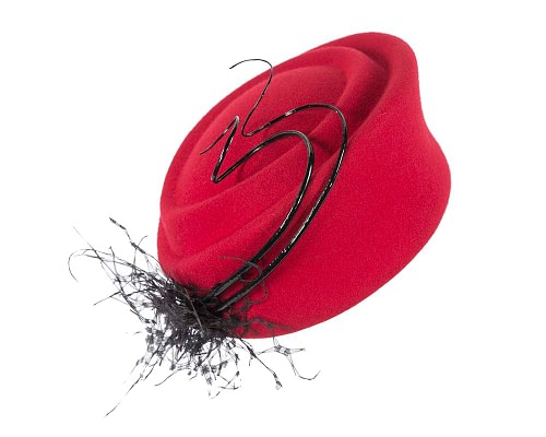 Fascinators Online - Red felt beret hat with feather by Fillies Collection