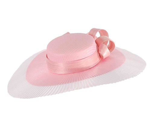 Fascinators Online - Pink wide brim boater hat by Fillies Collection