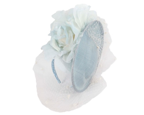 Fascinators Online - Light blue racing fascinator with flowers and face netting by Fillies Collection