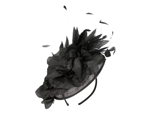 Fascinators Online - Black sinamay fascinator with flower & feathers