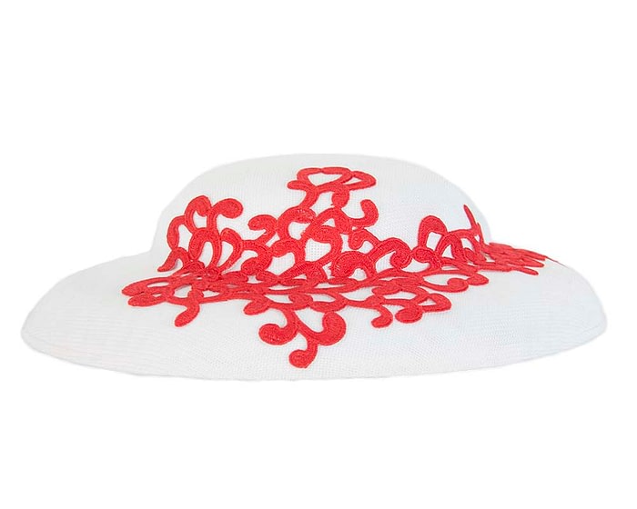 Fascinators Online - White & red fashion boater hat with lace by Max Alexander