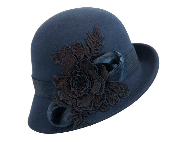 Fascinators Online - Exclusive navy felt cloche hat with lace by Fillies Collection