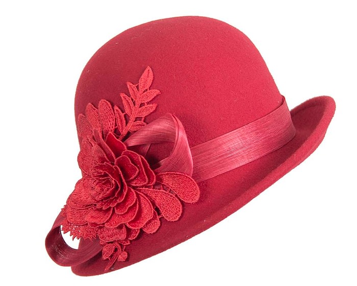 Fascinators Online - Exclusive red felt cloche hat with lace by Fillies Collection