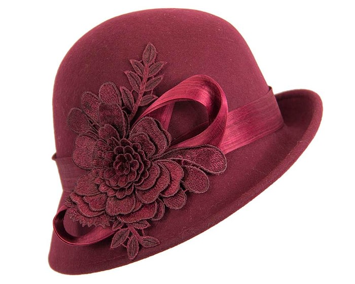 Fascinators Online - Exclusive burgundy felt cloche hat with lace by Fillies Collection