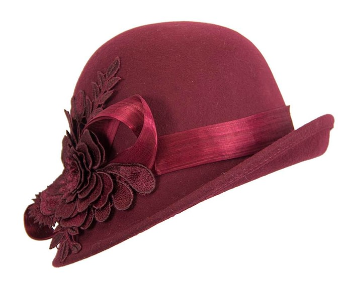 Fascinators Online - Exclusive burgundy felt cloche hat with lace by Fillies Collection