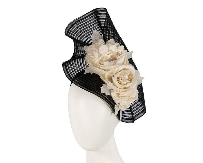 Fascinators Online - Large black racing fascinator with cream flowers by Fillies Collection