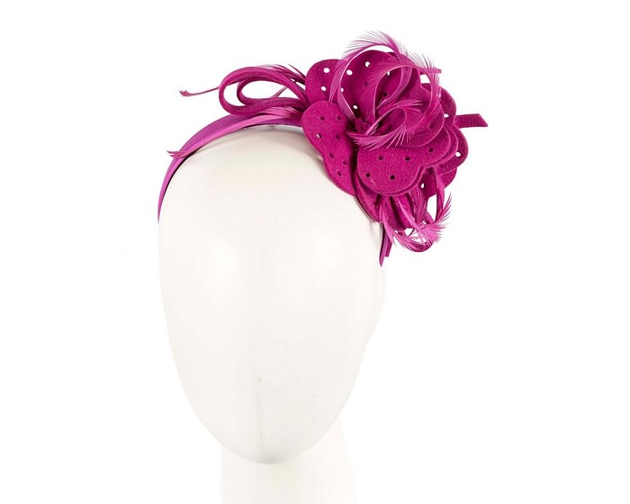 Fuchsia felt flower and feathers winter fascinator