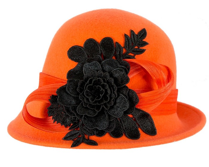 Exclusive orange felt cloche hat with lace by Fillies Collection - Image 4
