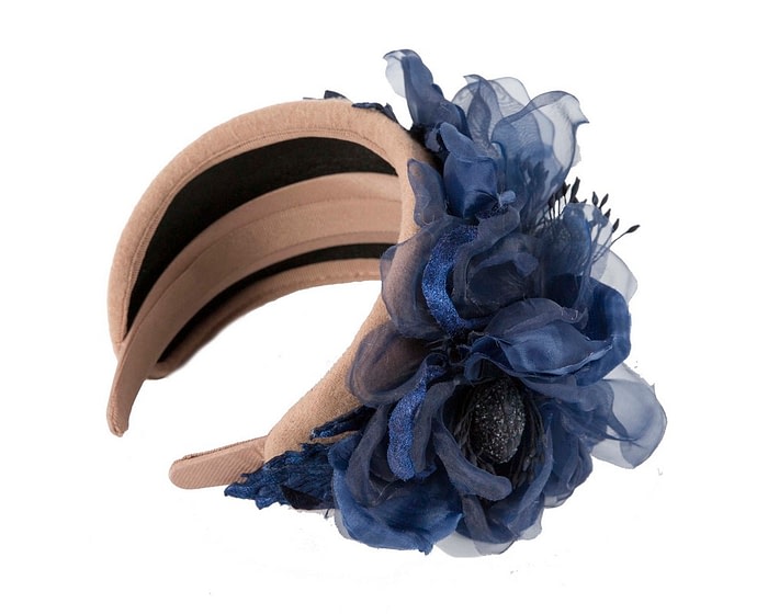 Fascinators Online - Wide beige winter fascinator with navy silk flower