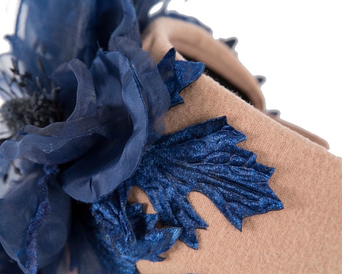Wide beige winter fascinator with navy silk flower - Image 4