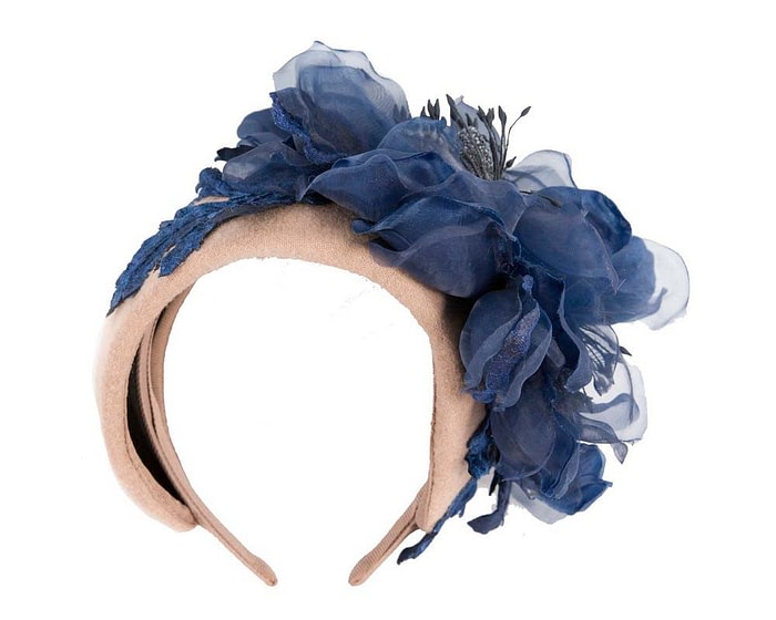 Fascinators Online - Wide beige winter fascinator with navy silk flower