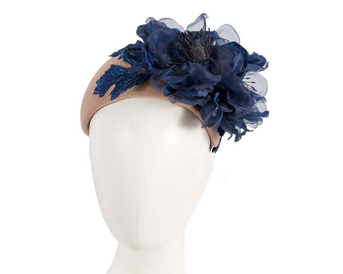 Wide beige winter fascinator with navy silk flower