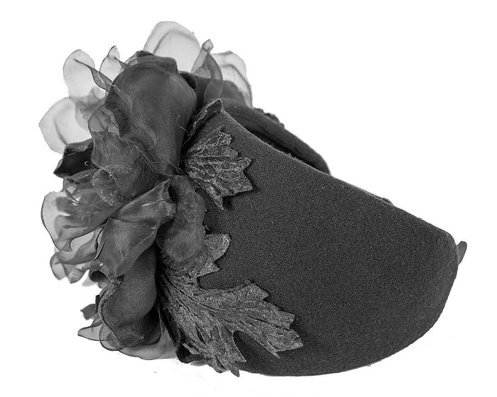 Fascinators Online - Wide black winter fascinator with silk flower