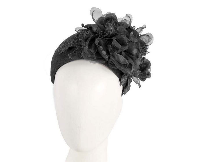 Wide black winter fascinator with silk flower