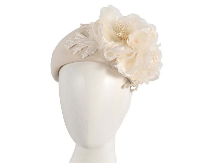 Fascinators Online - Wide cream winter fascinator with silk flower