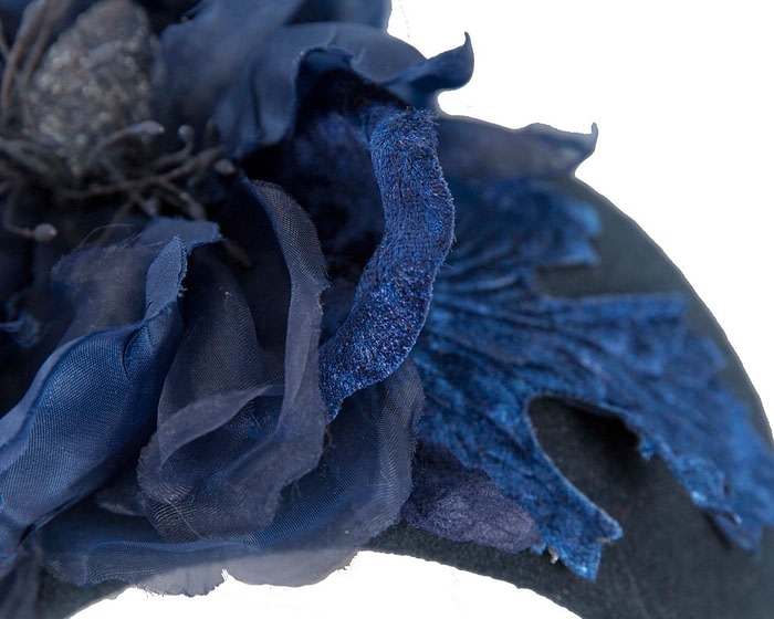 Fascinators Online - Wide navy winter fascinator with silk flower