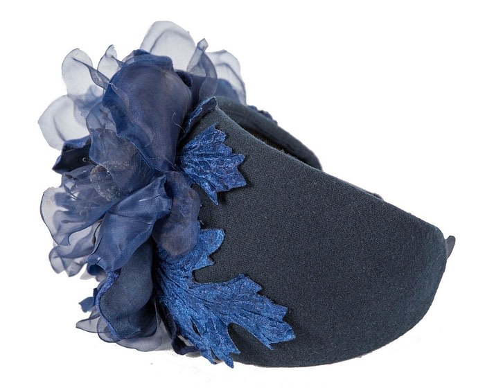 Fascinators Online - Wide navy winter fascinator with silk flower