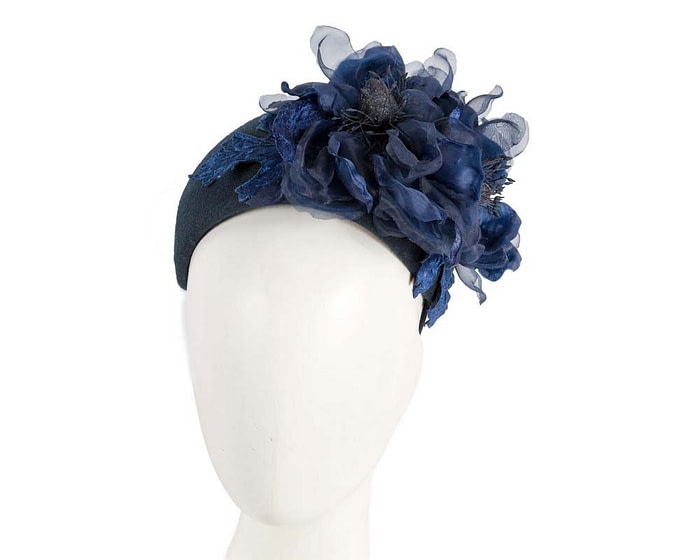 Fascinators Online - Wide navy winter fascinator with silk flower