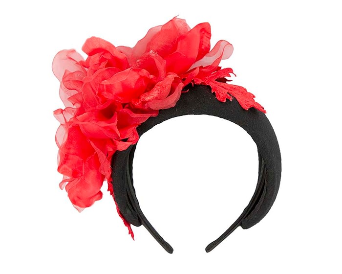 Fascinators Online - Wide black winter fascinator with red silk flower