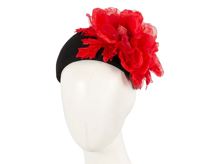 Wide black winter fascinator with red silk flower