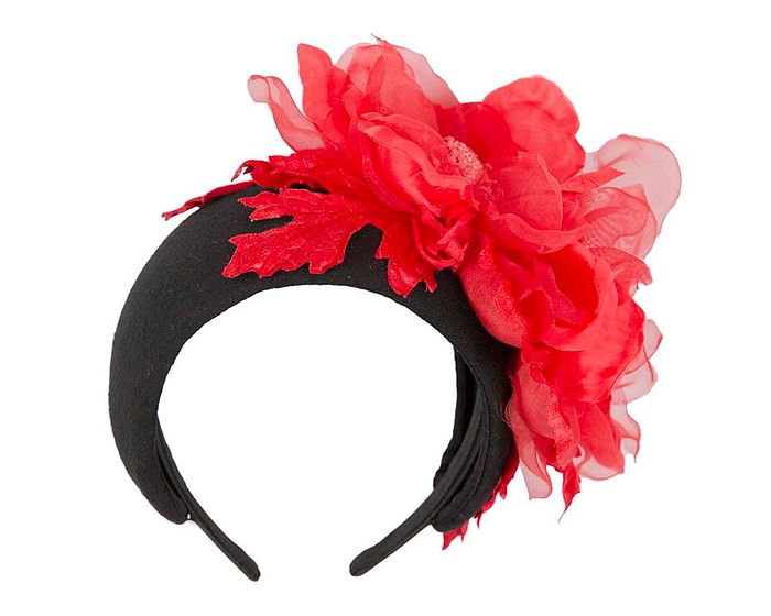 Fascinators Online - Wide black winter fascinator with red silk flower