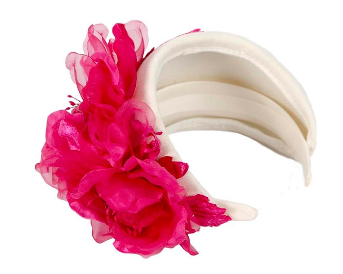 Fascinators Online - Wide cream winter fascinator with fuchsia silk flower