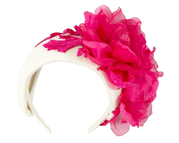 Wide cream winter fascinator with fuchsia silk flower - Image 2