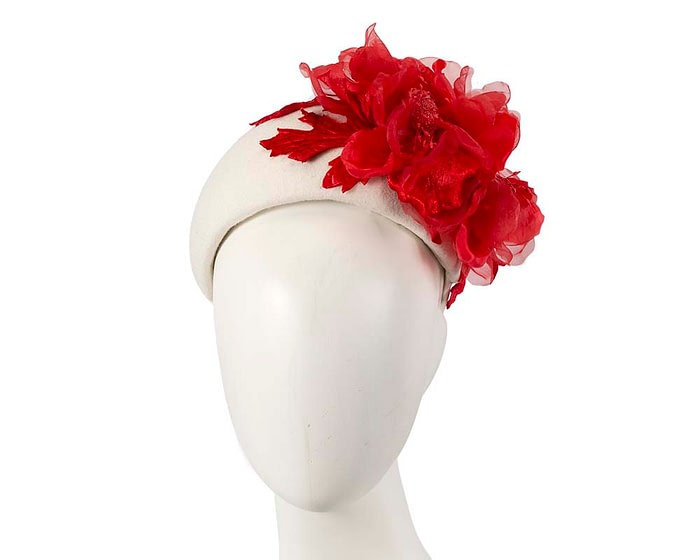 Fascinators Online - Wide cream winter fascinator with red silk flower