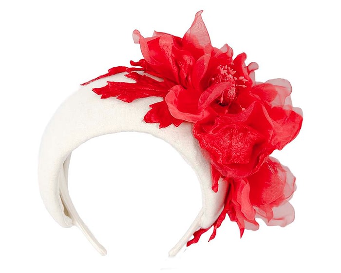 Fascinators Online - Wide cream winter fascinator with red silk flower