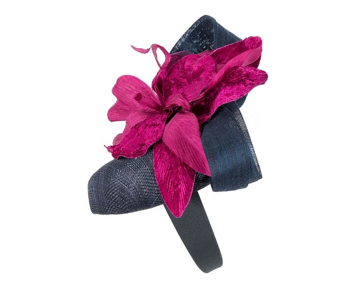 Tall navy pillbox fascinator with purple flower by Fillies Collection - Image 3