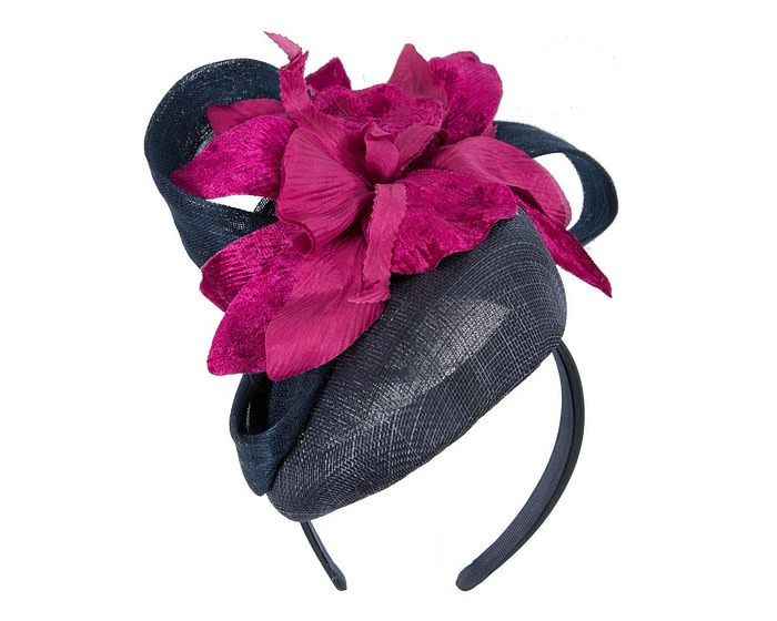 Tall navy pillbox fascinator with purple flower by Fillies Collection - Image 2