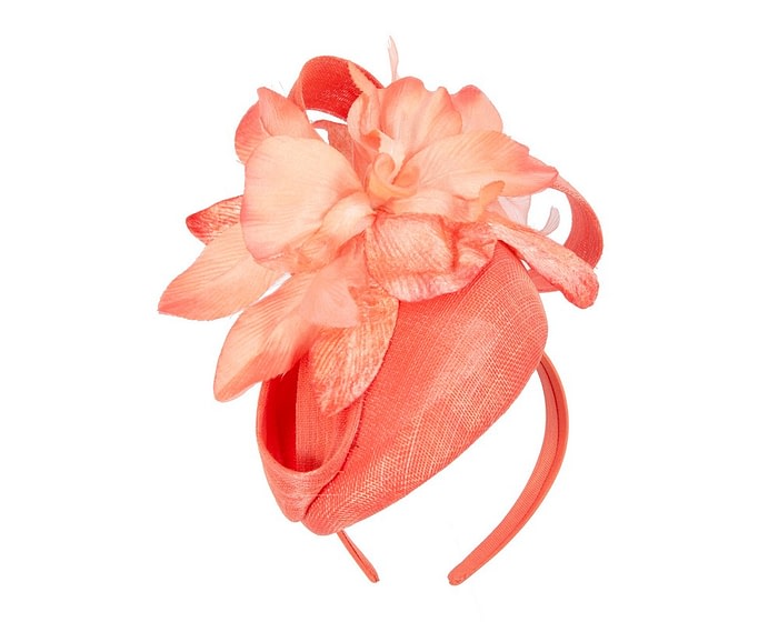 Tall orange pillbox fascinator with flower by Fillies Collection - Image 2