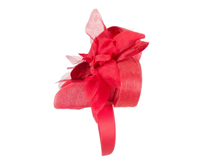 Fascinators Online - Tall red pillbox fascinator with flower by Fillies Collection