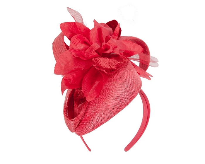Tall red pillbox fascinator with flower by Fillies Collection - Image 2