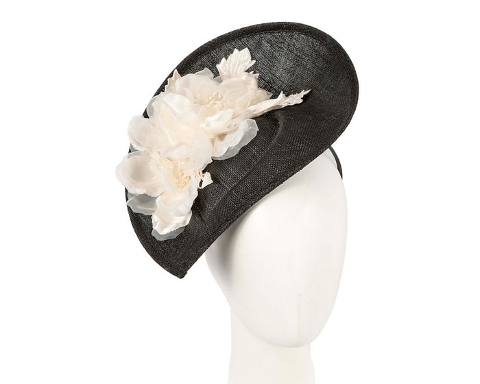 Bespoke black sinamay fascinator with cream flower by Max Alexander