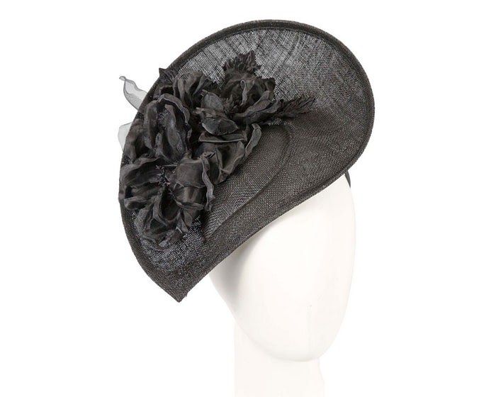 Bespoke black sinamay fascinator with flower by Max Alexander