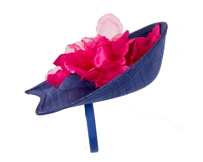 Bespoke royal blue & fuchsia sinamay fascinator with flower by Max Alexander - Image 3