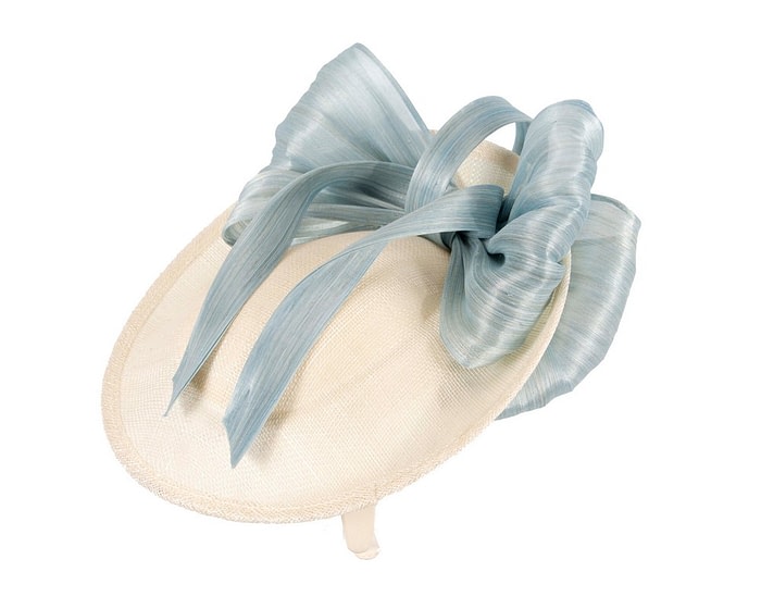 Fascinators Online - Bespoke cream sinamay fascinator with blue bow by Fillies Collection