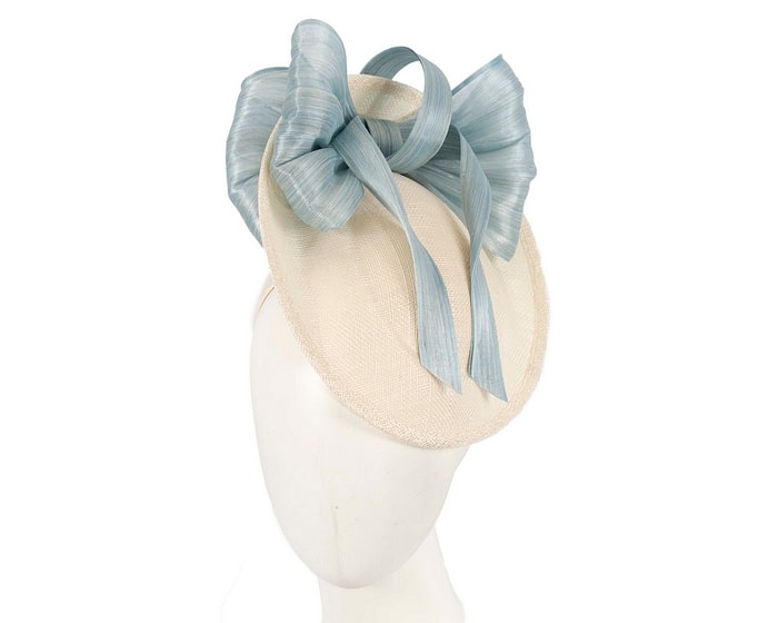 Bespoke cream sinamay fascinator with blue bow by Fillies Collection