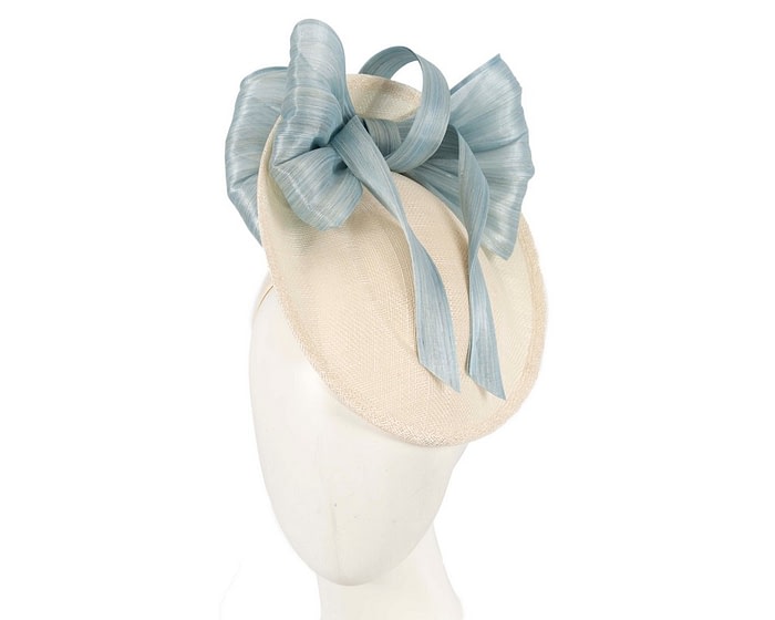 Fascinators Online - Bespoke cream sinamay fascinator with blue bow by Fillies Collection