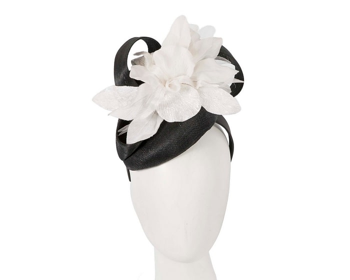 Tall black pillbox fascinator with cream flower by Fillies Collection