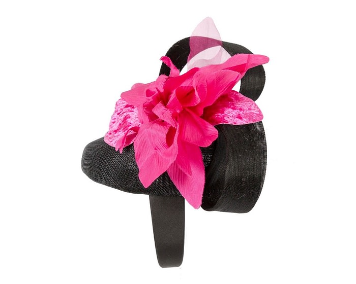 Tall black pillbox fascinator with fuchsia flower by Fillies Collection - Image 3