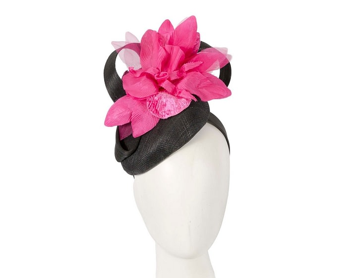 Tall black pillbox fascinator with fuchsia flower by Fillies Collection