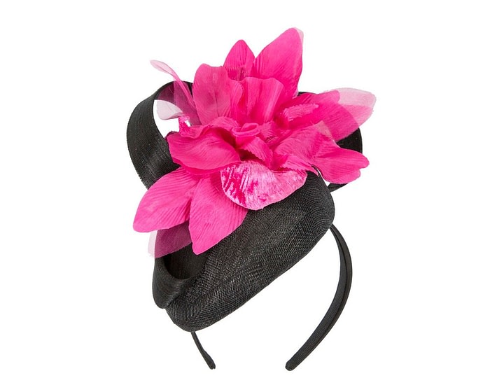 Tall black pillbox fascinator with fuchsia flower by Fillies Collection - Image 2