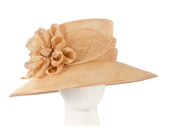 Wide brim gold sinamay fashion hat by Max Alexander