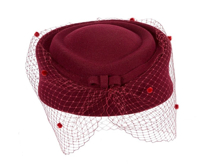 Large burgundy pillbox with face veil by Fillies Collection - Image 5
