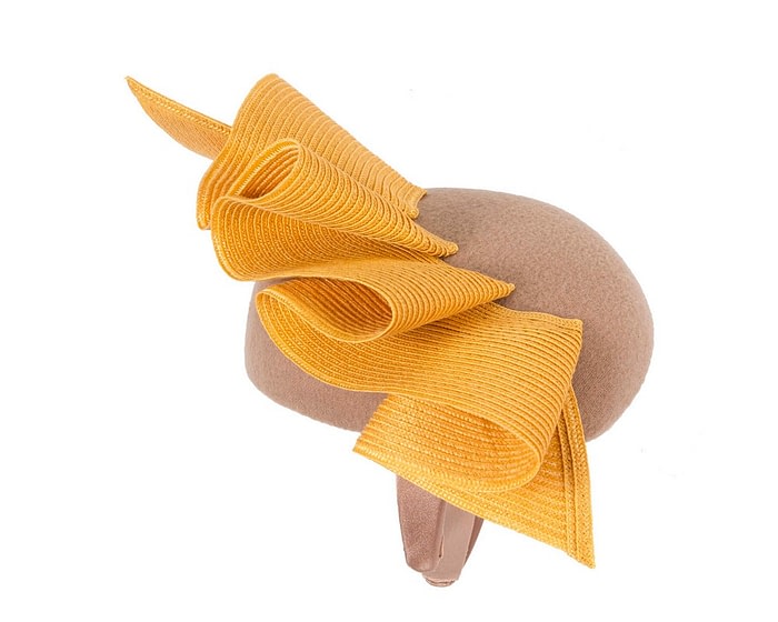 Beige & mustard winter racing pillbox fascinator by Fillies Collection - Image 4